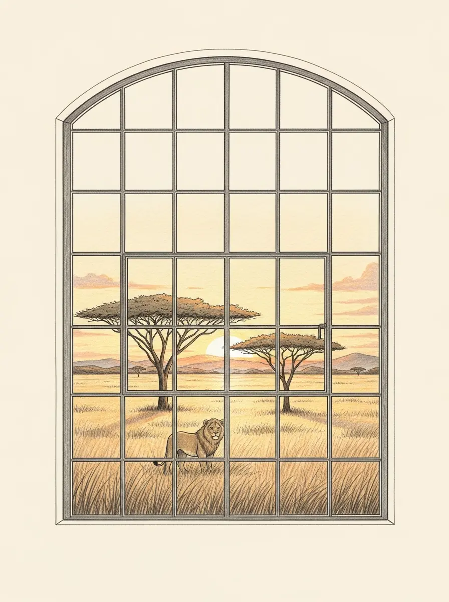 an arched window opening onto a golden savannah at sunrise, a lion in the tall grass