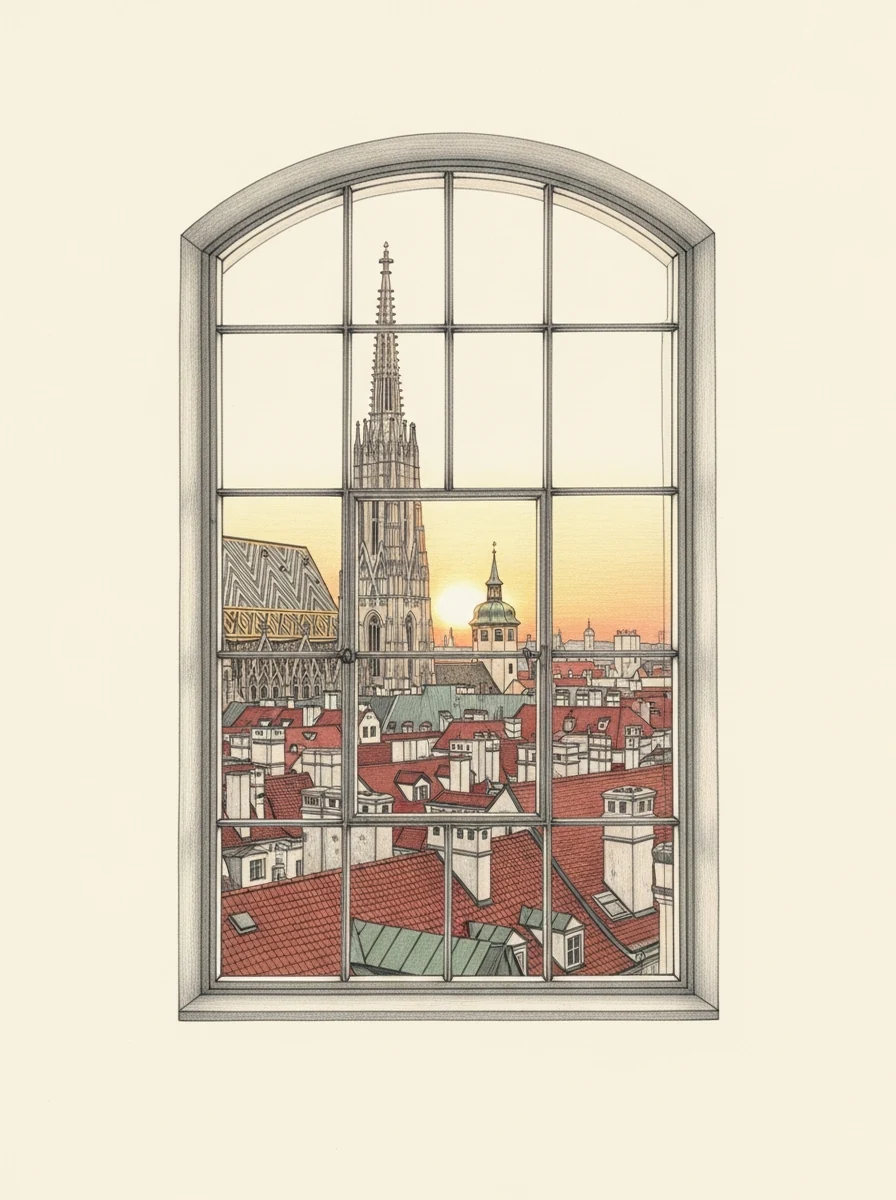 an arched loft window looking over the rooftops of vienna at dusk, st. stephen's spire against a gold sky